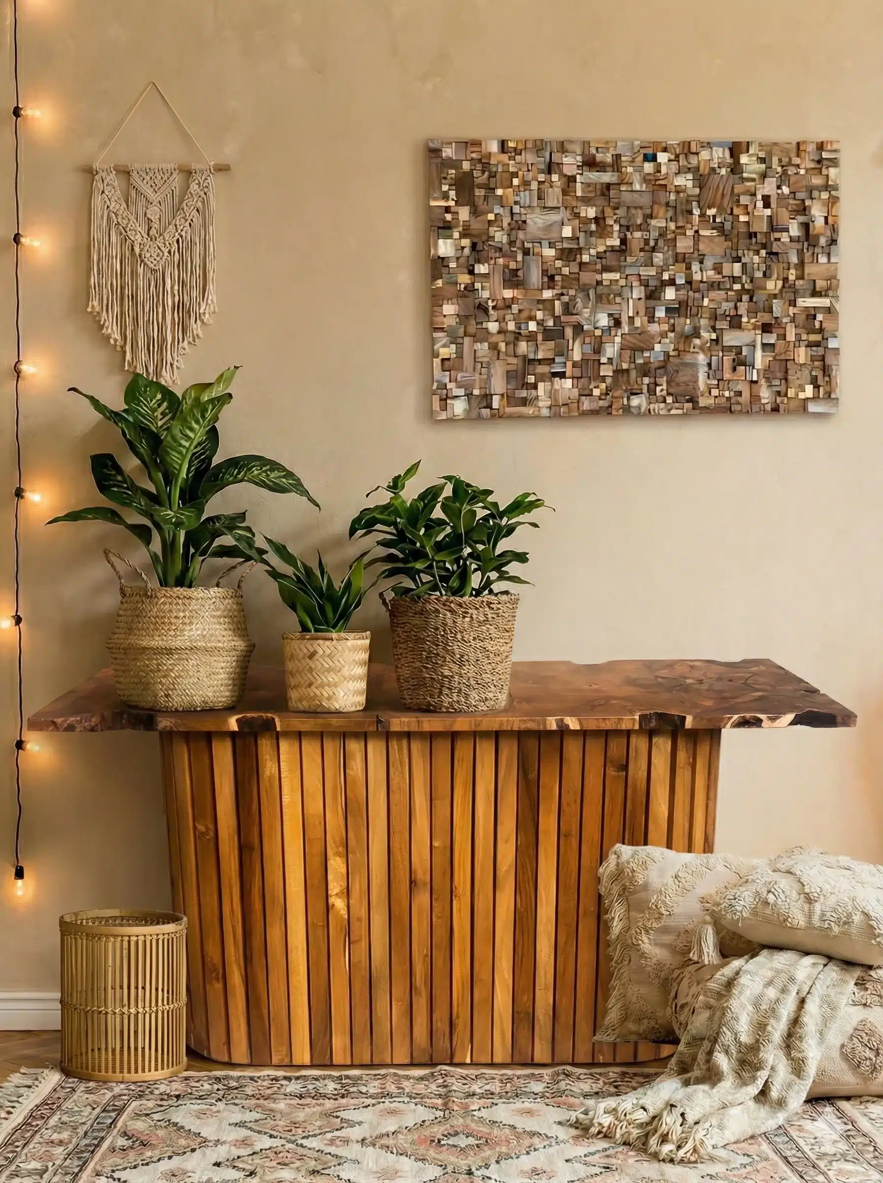 קונסולה עץ מלא בנויה טיק בשילוב משטח עליון פלחי שורש טיק מידה 80*40*130 במחיר מבצע: 3,900 ש"ח