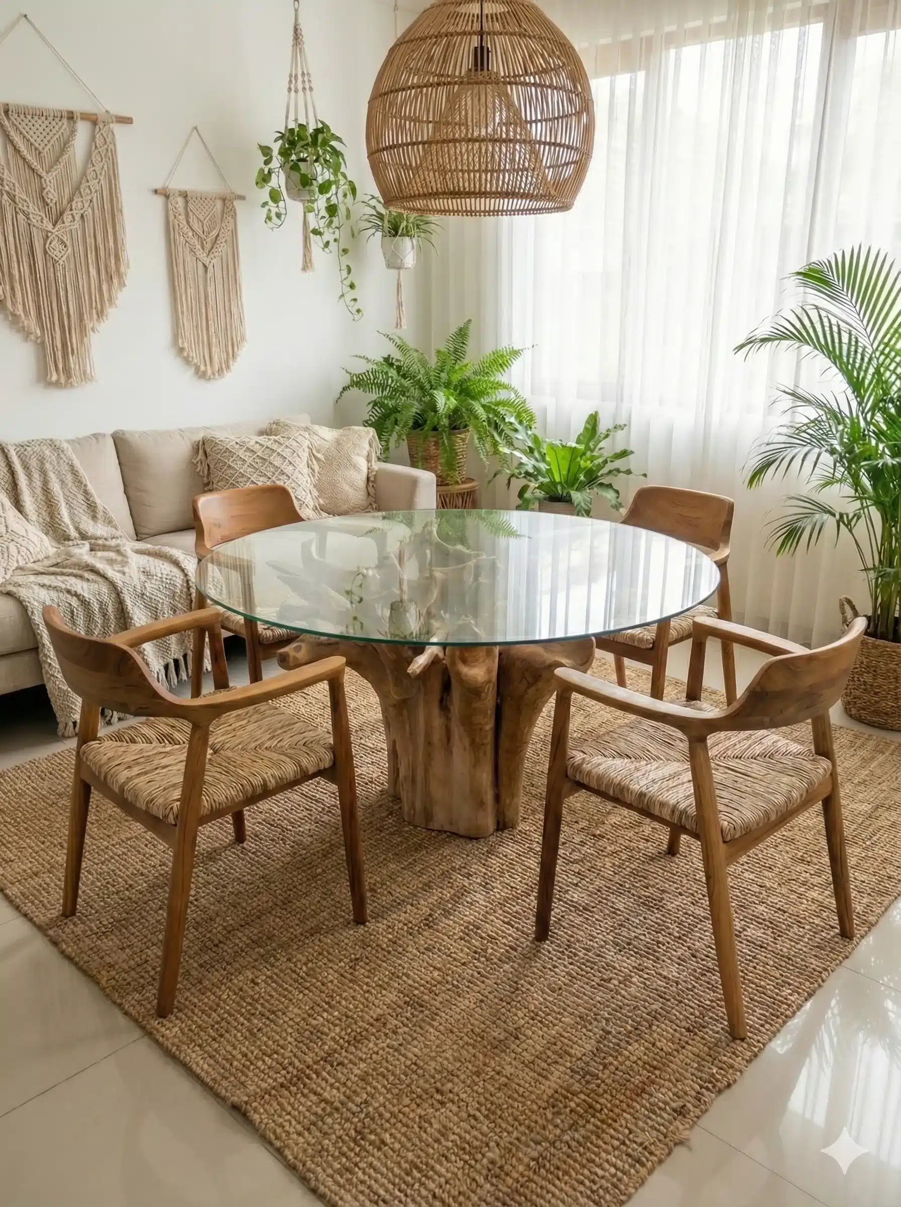 כיסא ידיות מבנה עץ טיק בשילוב עלי בננה מחיר מבצע: 1,290 ש"ח ליחידה שולחן שורש טיק בשילוב זכוכית קוטר 130 ס"מ במחיר מבצע: 8,900 ש"ח