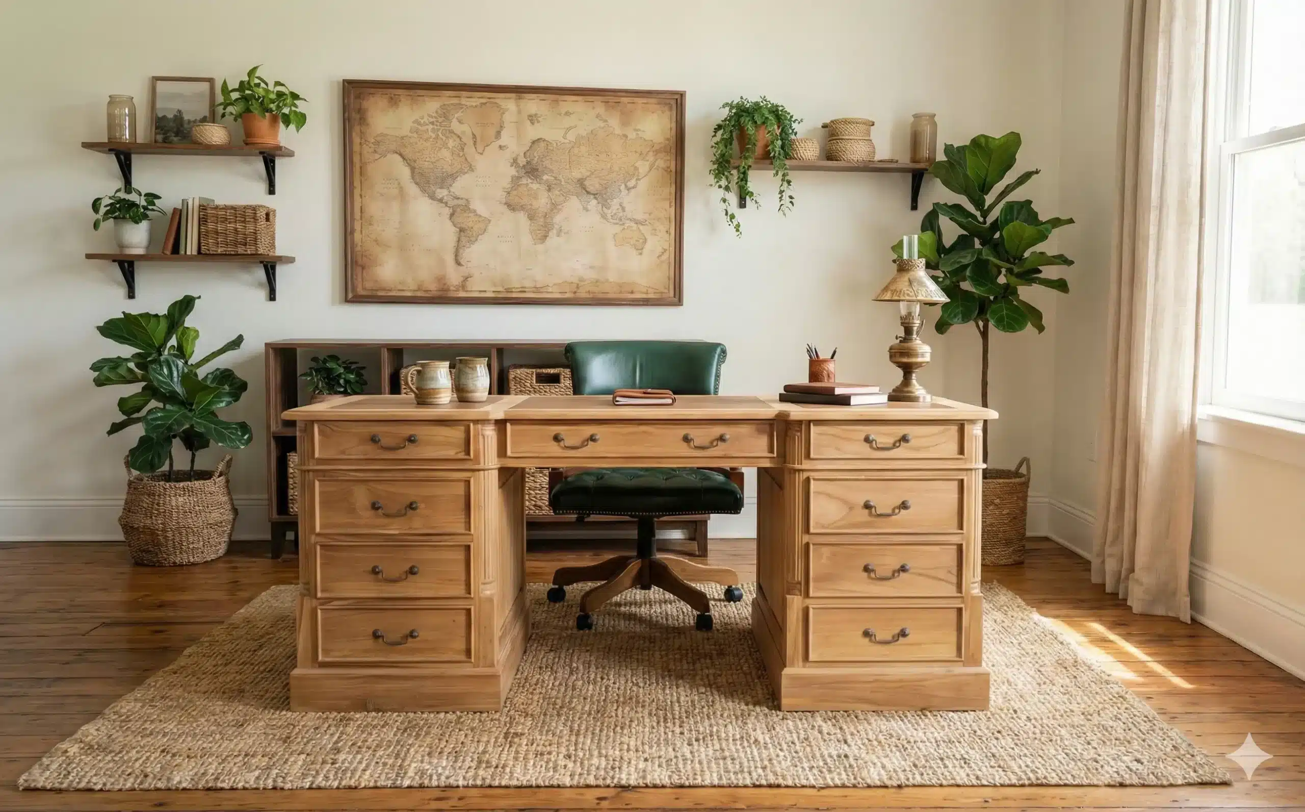 שולחן עבודה עץ מלא טיק בגימור טבעי משטח עליון מרופד דמוי עור מידת השולחן 80*90*180 במחיר מבצע: 7,900 ש"ח