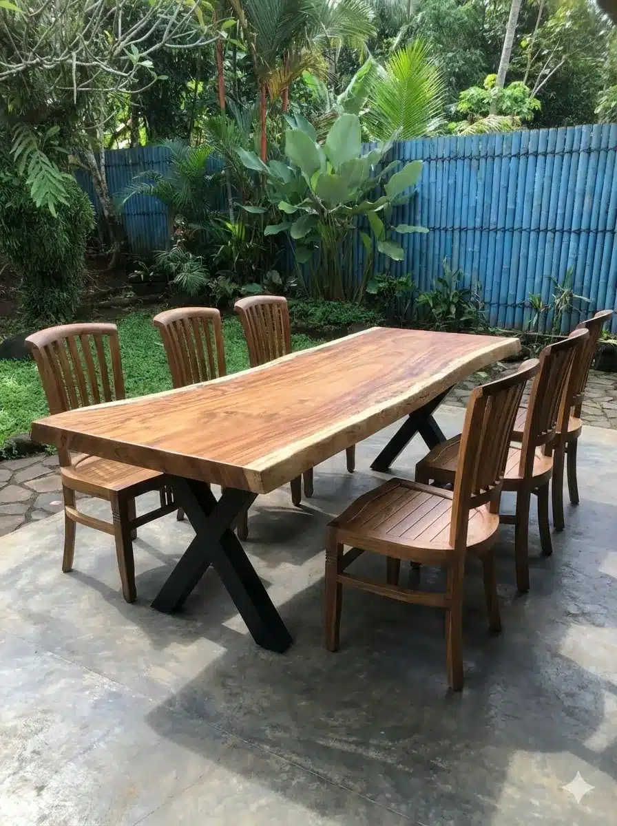 שולחן אוכל גזע פרוס ללא חיבורים עץ מלא מידה 100/110*300 במחיר מבצע: 12,000 ש"ח כיסא עץ מלא טיק דגם אייבי נוח מאוד וחזק במחיר מבצע: 890 ש"ח ליחידה