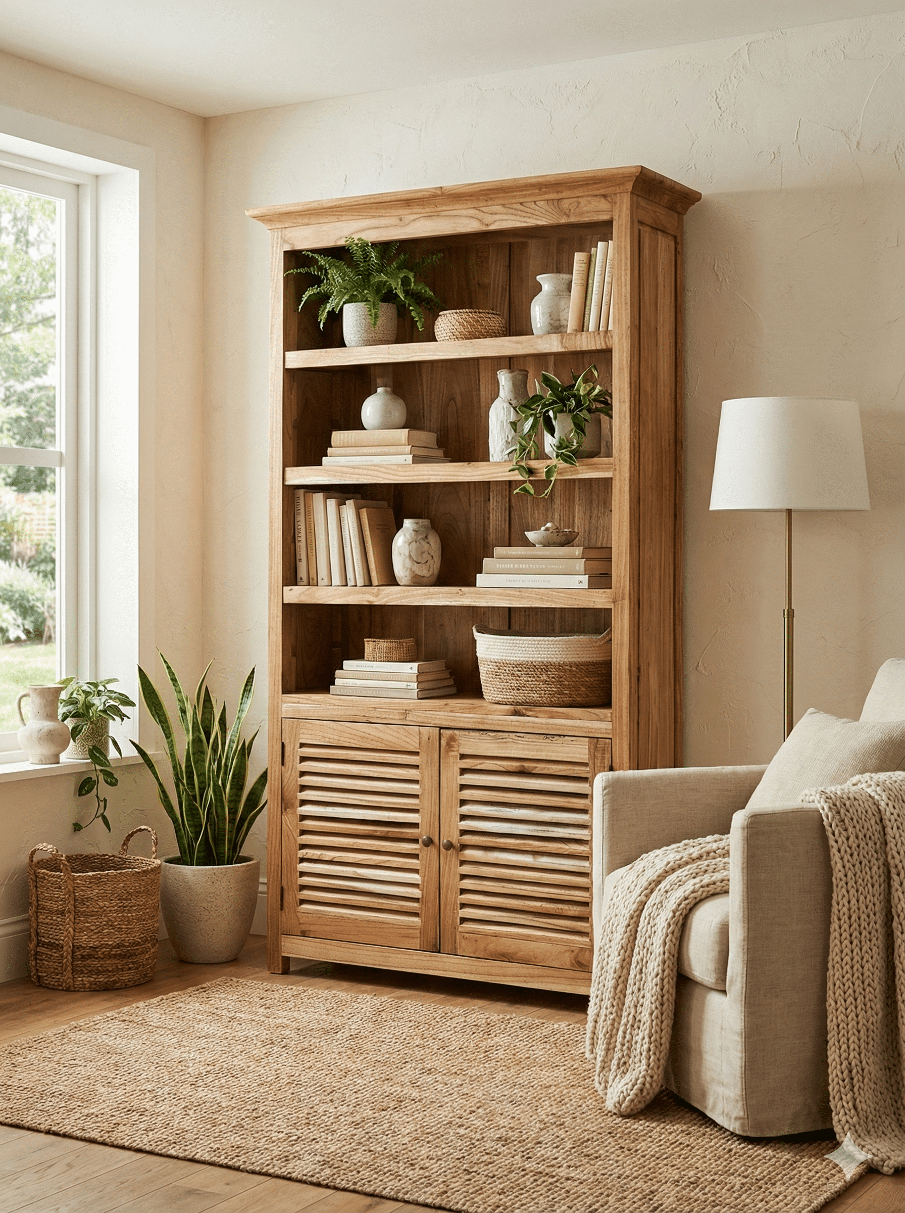 ספרייה עץ מלא בגוון טבעי דלתות תריס מידה 200*38*120 במחיר מבצע: 3,200 ש"ח