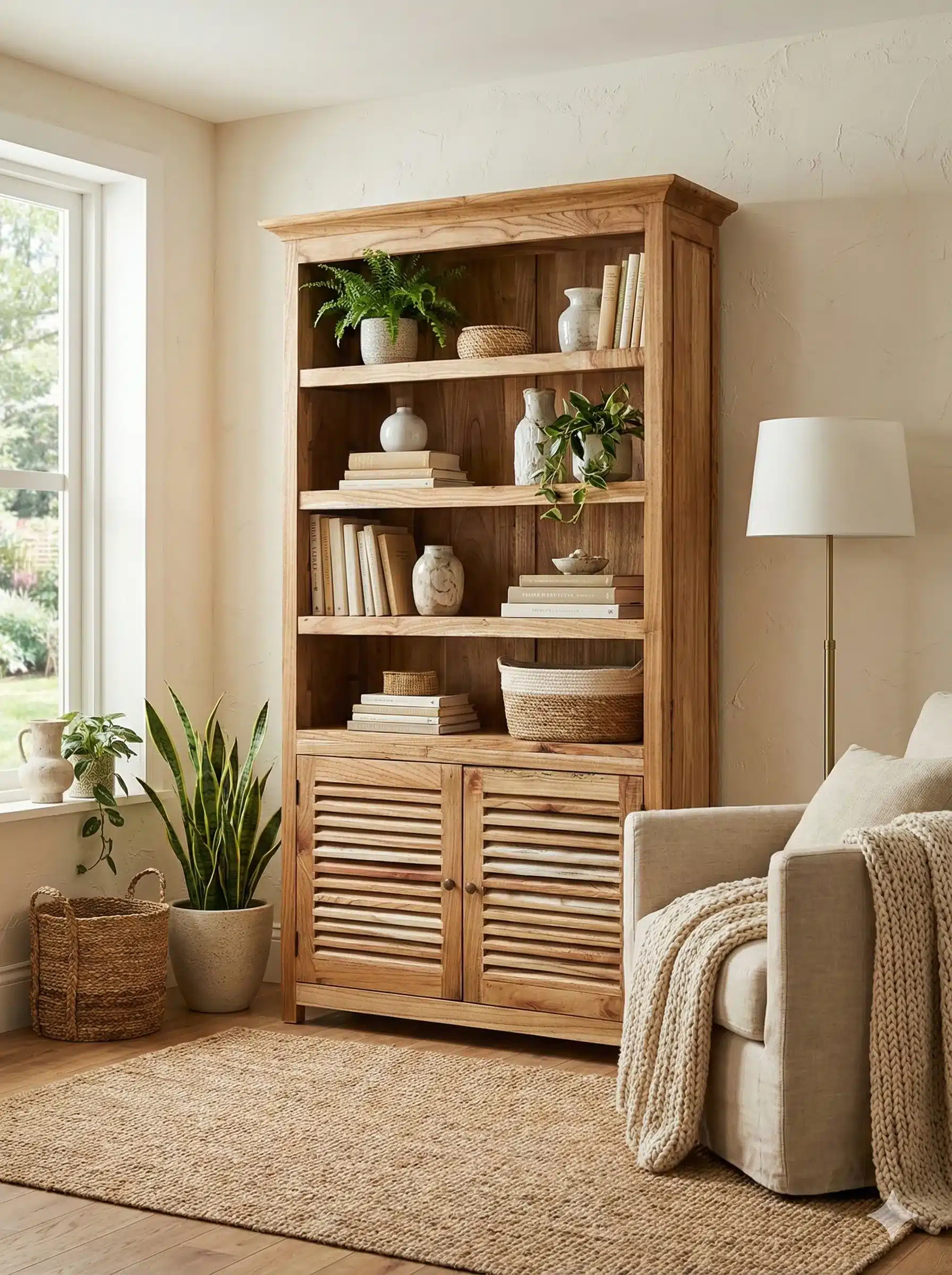 ספרייה עץ מלא בגוון טבעי דלתות תריס מידה 200*38*120 במחיר מבצע: 3,200 ש"ח