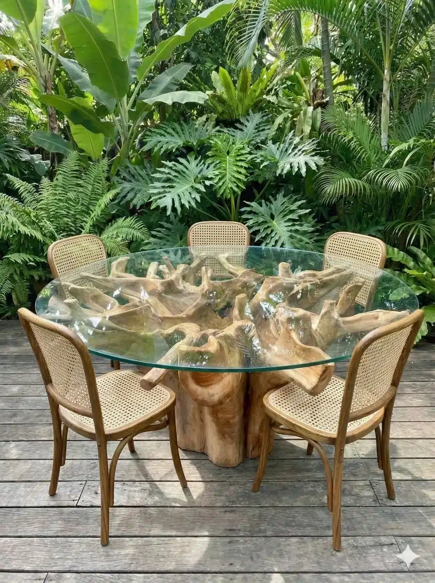 כיסא עץ מלא טיק בשילוב רשת וינאית מידה: 89*51*51 במחיר מבצע: 990 ש"ח שולחן שורש טיק כולל זכוכית 140 ס"מ מחיר מבצע: 8,900 ש"ח