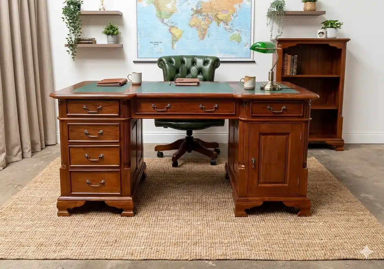 שולחן עבודה עץ מלא מהגוני רגל צרפתי משטח עליון מרופד דמוי עור ירוק מידה: 80*90*160 מחיר מבצע: 5,900 ש"ח מידה 80*90*180 מחיר מבצע: 6,900 ש"ח