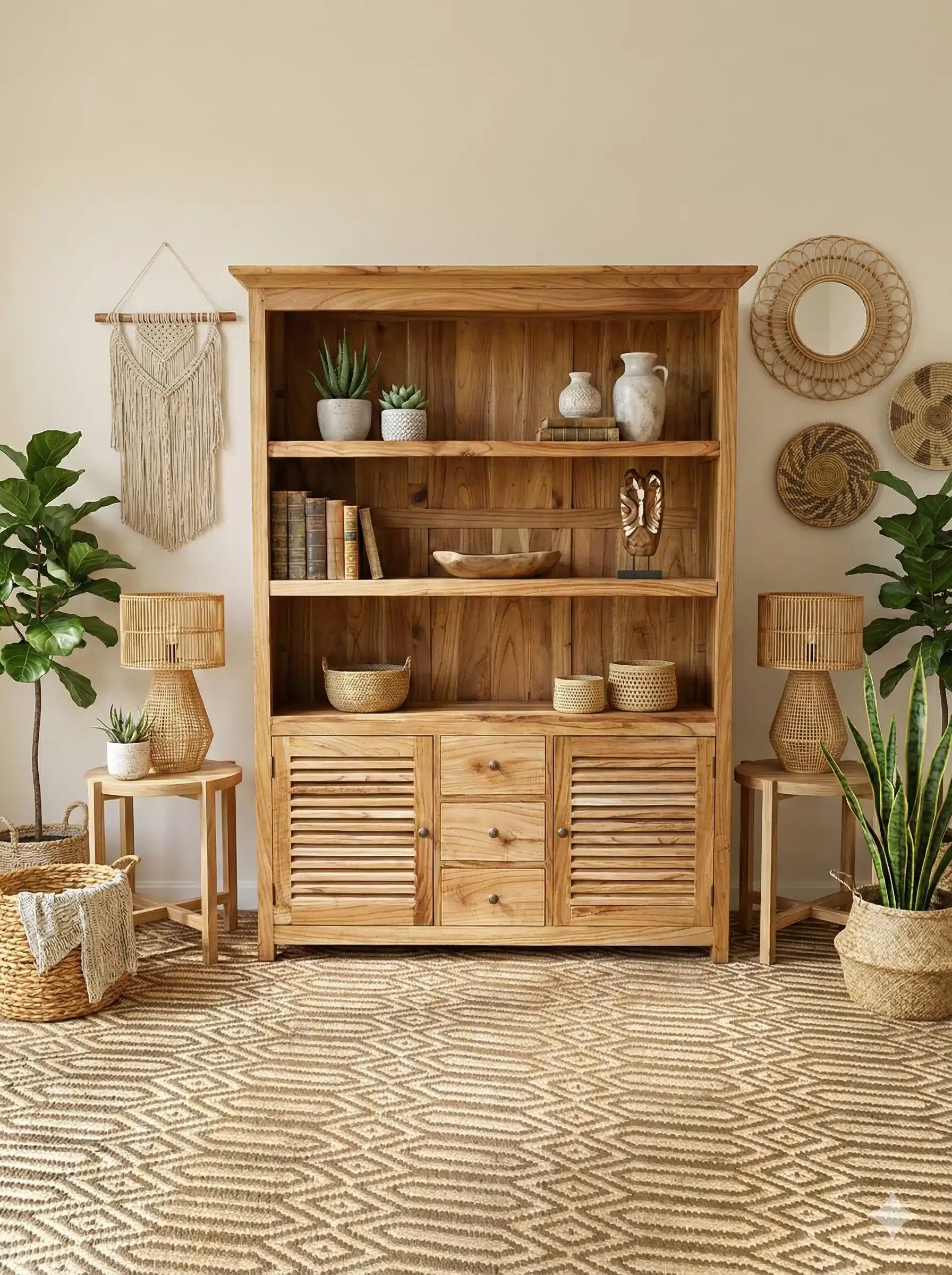 ספרייה עץ מלא גוון טבעי שילוב דלתות תריס ומגירות מידה 200*38*155 במחיר מבצע: 5,900 ש"ח