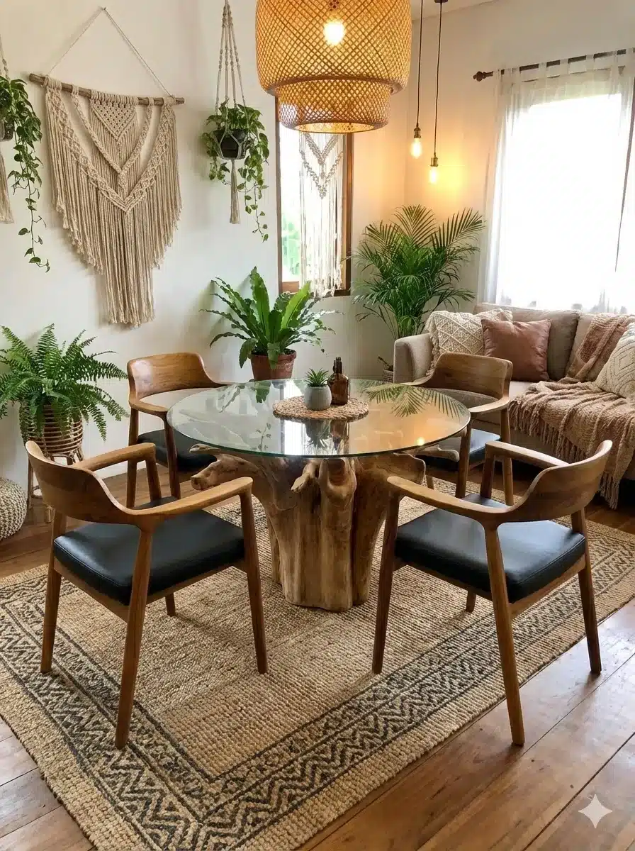 כיסא ידית מבנה טיק בשילוב ריפוד שחור במחיר מבצע: 1,290 ש"ח ליחידה שולחן שורש טיק משולב זכוכית בקוטר 110 ס"מ במחיר מבצע: 6,900 ש"ח