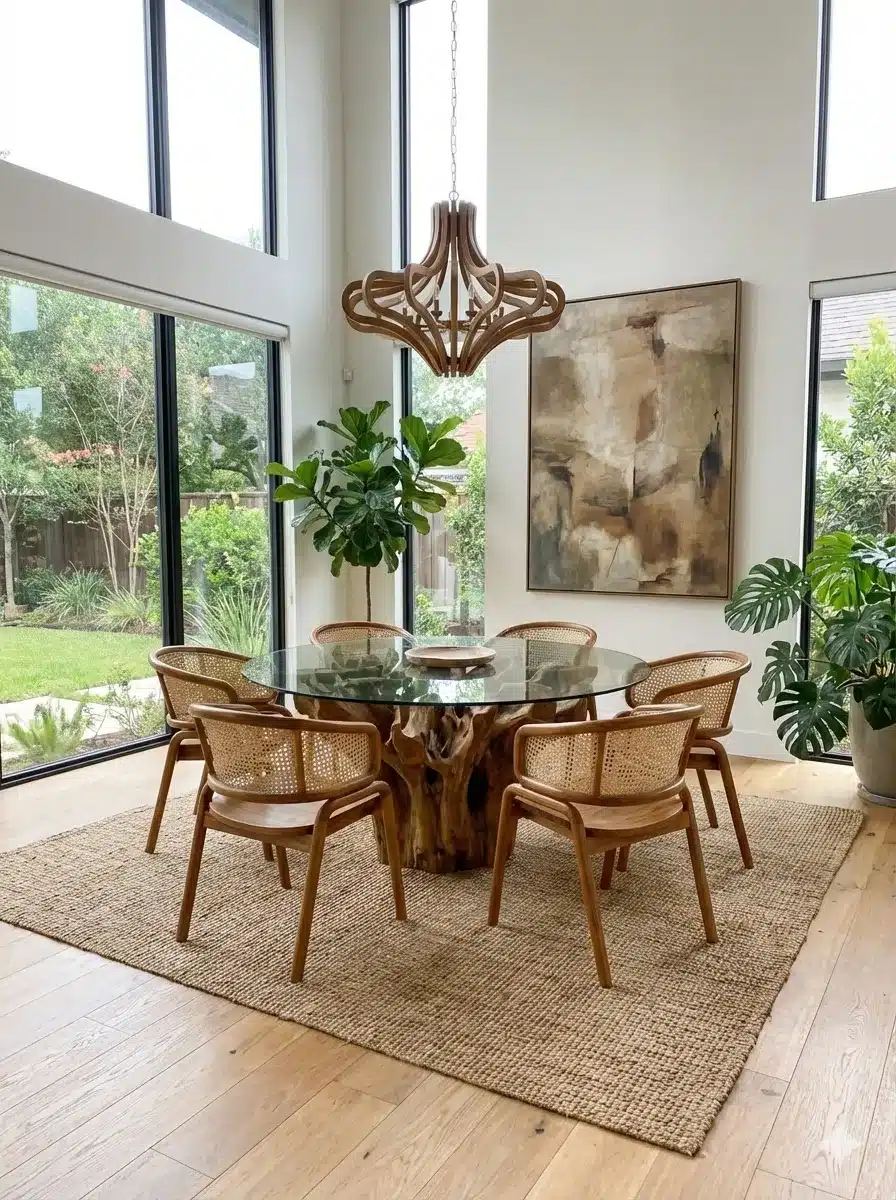 כיסא עץ מלא טיק בשילוב רשת וינאית מידה 80*50*56 במחיר מבצע 1,290 ש"ח שולחן שורש טיק כולל זכוכית קוטר 160 ס"מ מחיר מבצע: 9,900 ש"ח