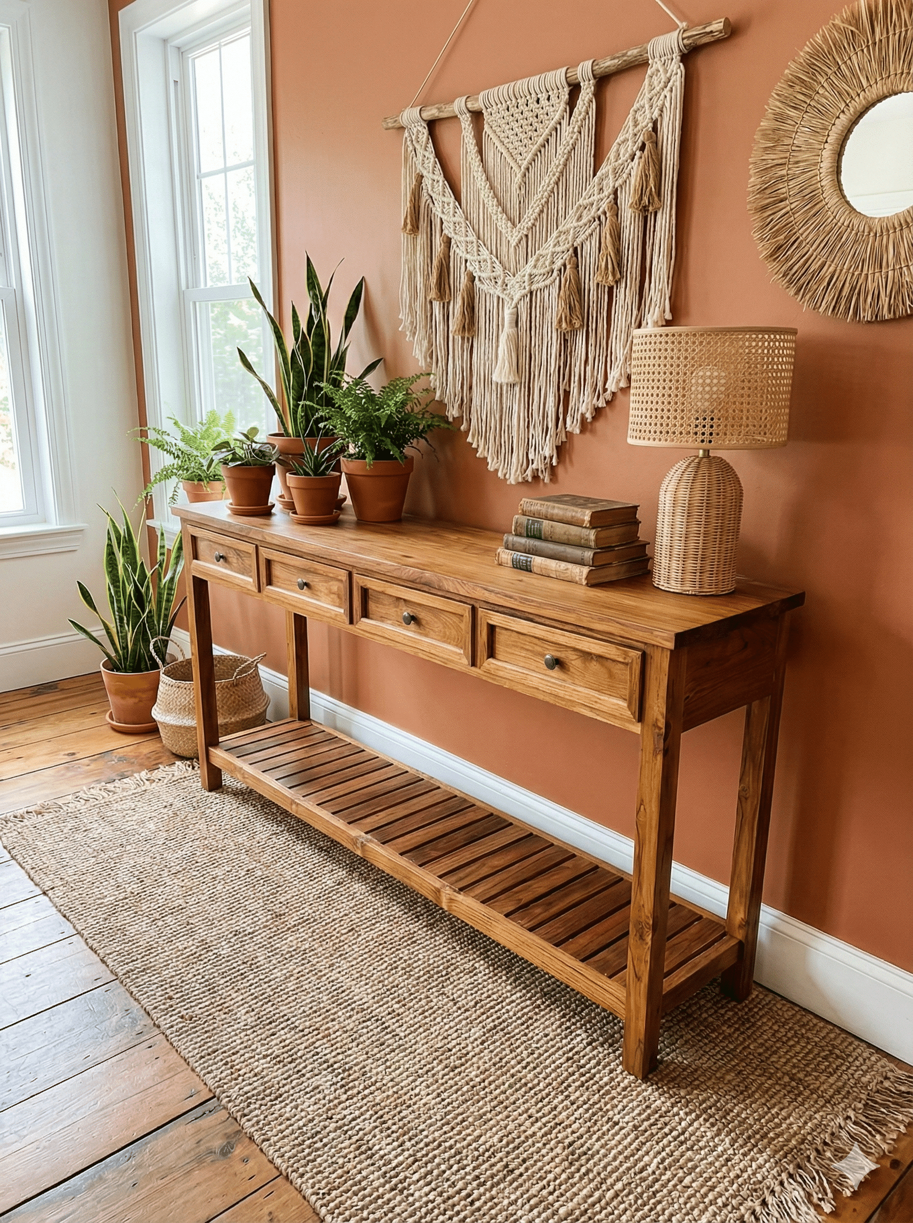 קונסולה עץ מלא טיק מדף תחתון וארבע מגירות מידה 90*40*180 במחיר מבצע: 4,900 ש"ח