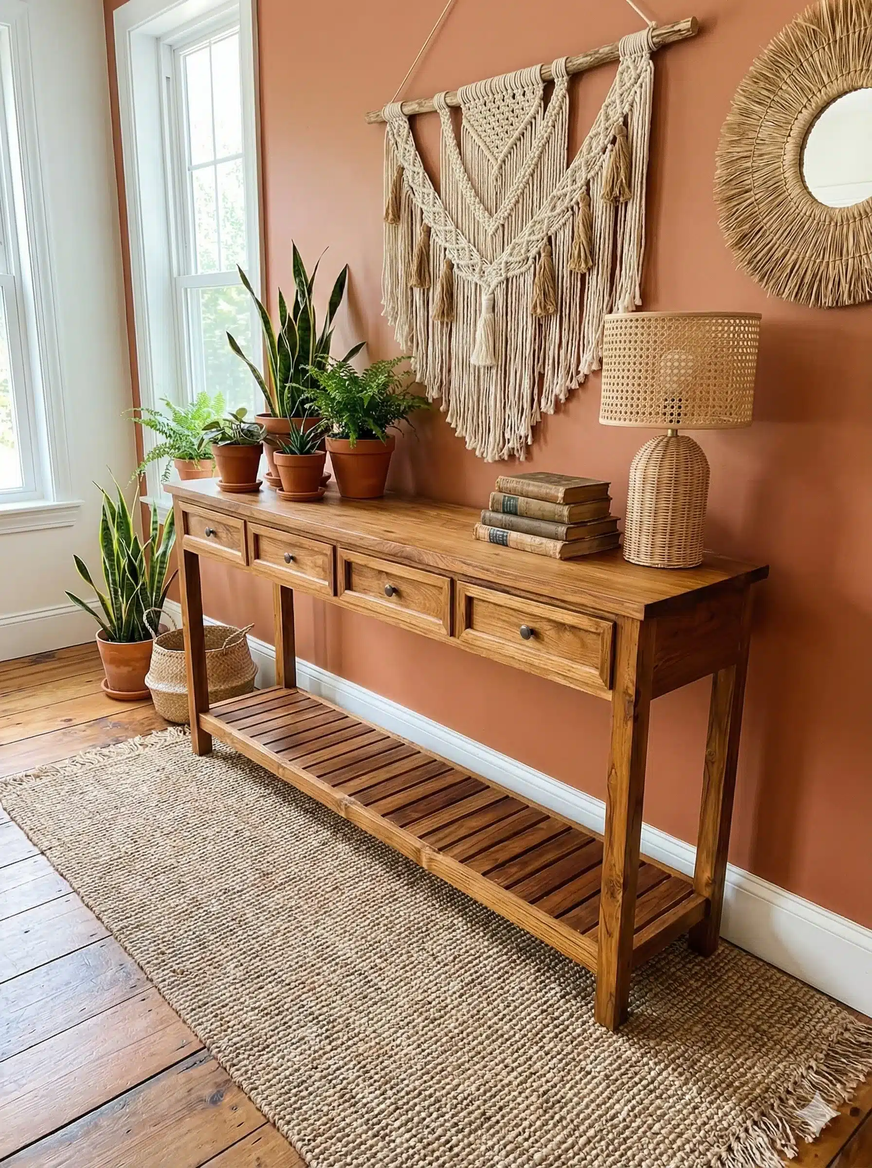 קונסולה עץ מלא טיק מדף תחתון וארבע מגירות מידה 90*40*180 במחיר מבצע: 4,900 ש"ח