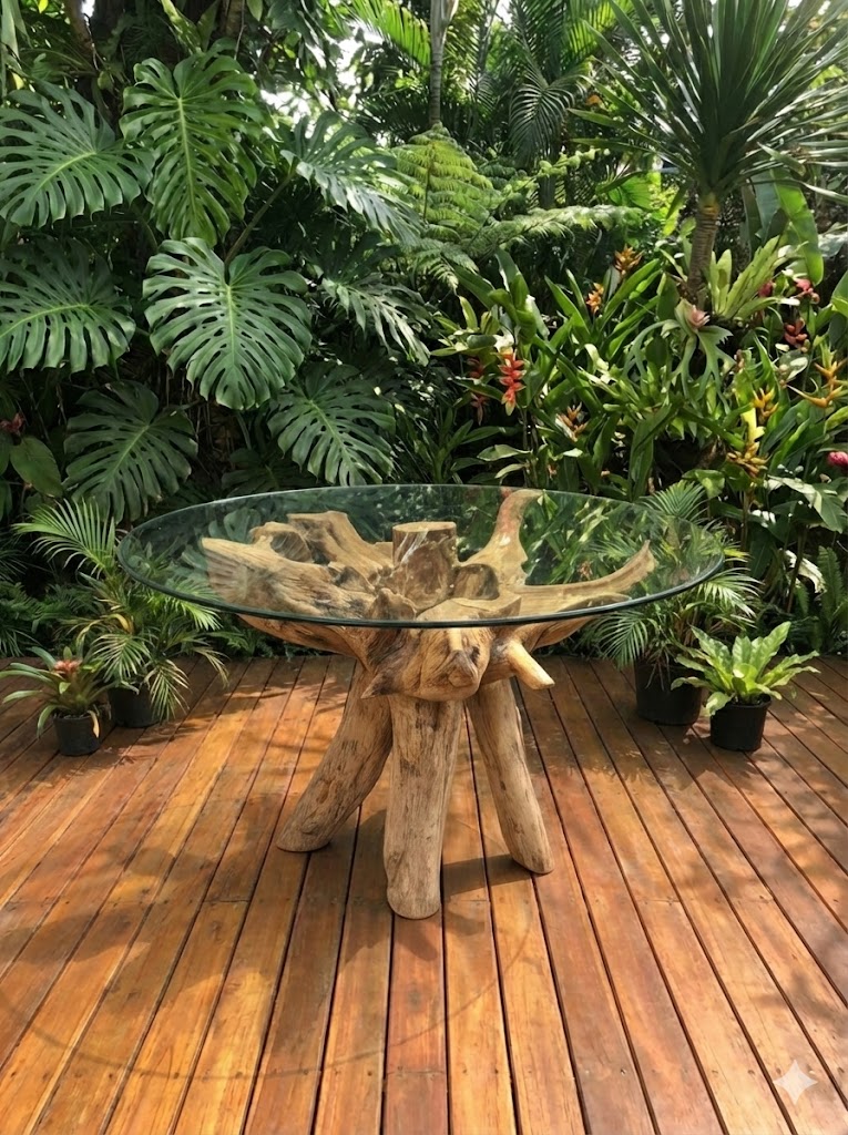 שולחן שורש טיק זכוכית עגולה קוטר 100 ס"מ מחיר מבצע: 4,900 ש"ח