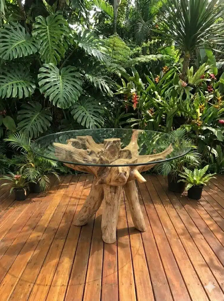 שולחן שורש טיק זכוכית עגולה קוטר 100 ס"מ מחיר מבצע: 4,900 ש"ח