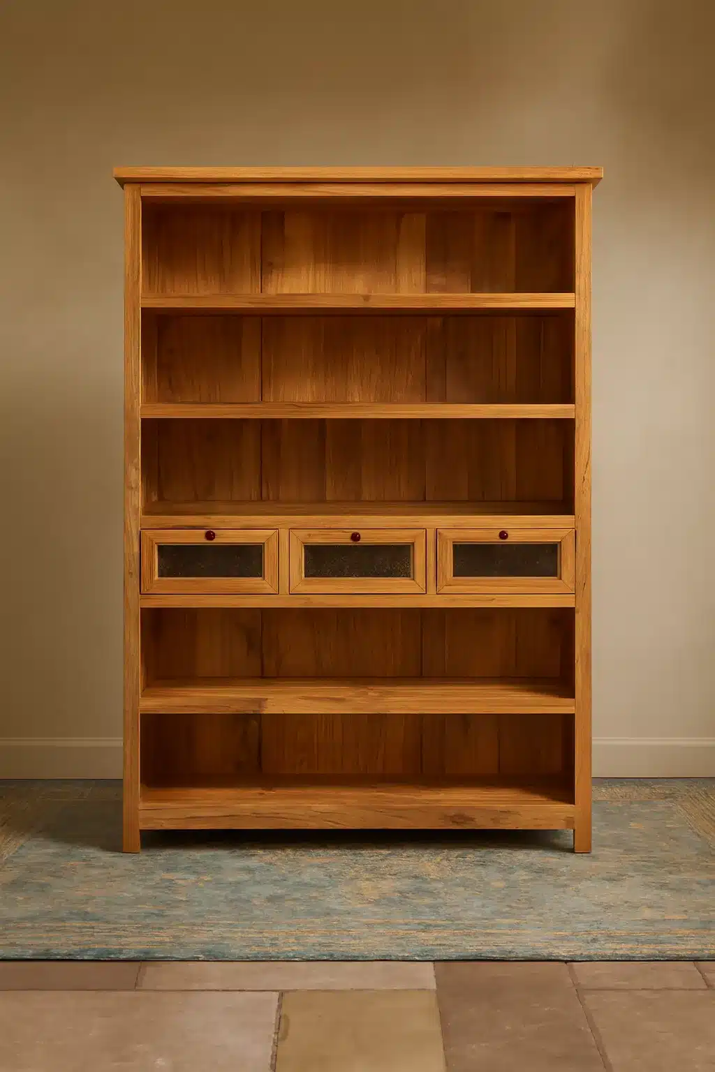 ספרייה עץ מלא בגוון טבעי בשילוב שלוש מגירות עם זכוכית סבתא מידה 220*40*150 במחיר מבצע: 5,900 ש"ח