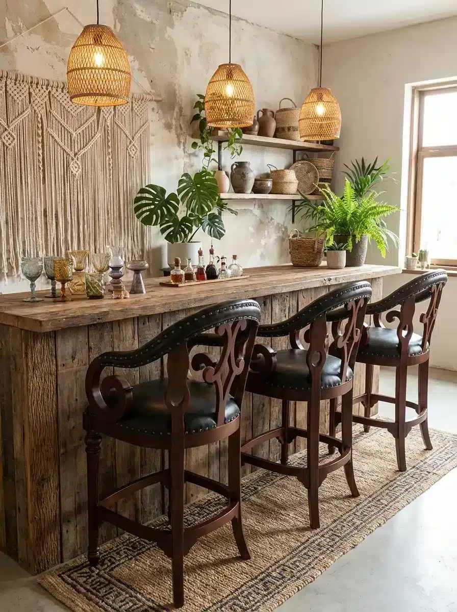 כיסא בר עץ מלא מהגוני גילוף עבודת יד ריפוד דמוי עור שחור במחיר מבצע: 1,800 ש"ח