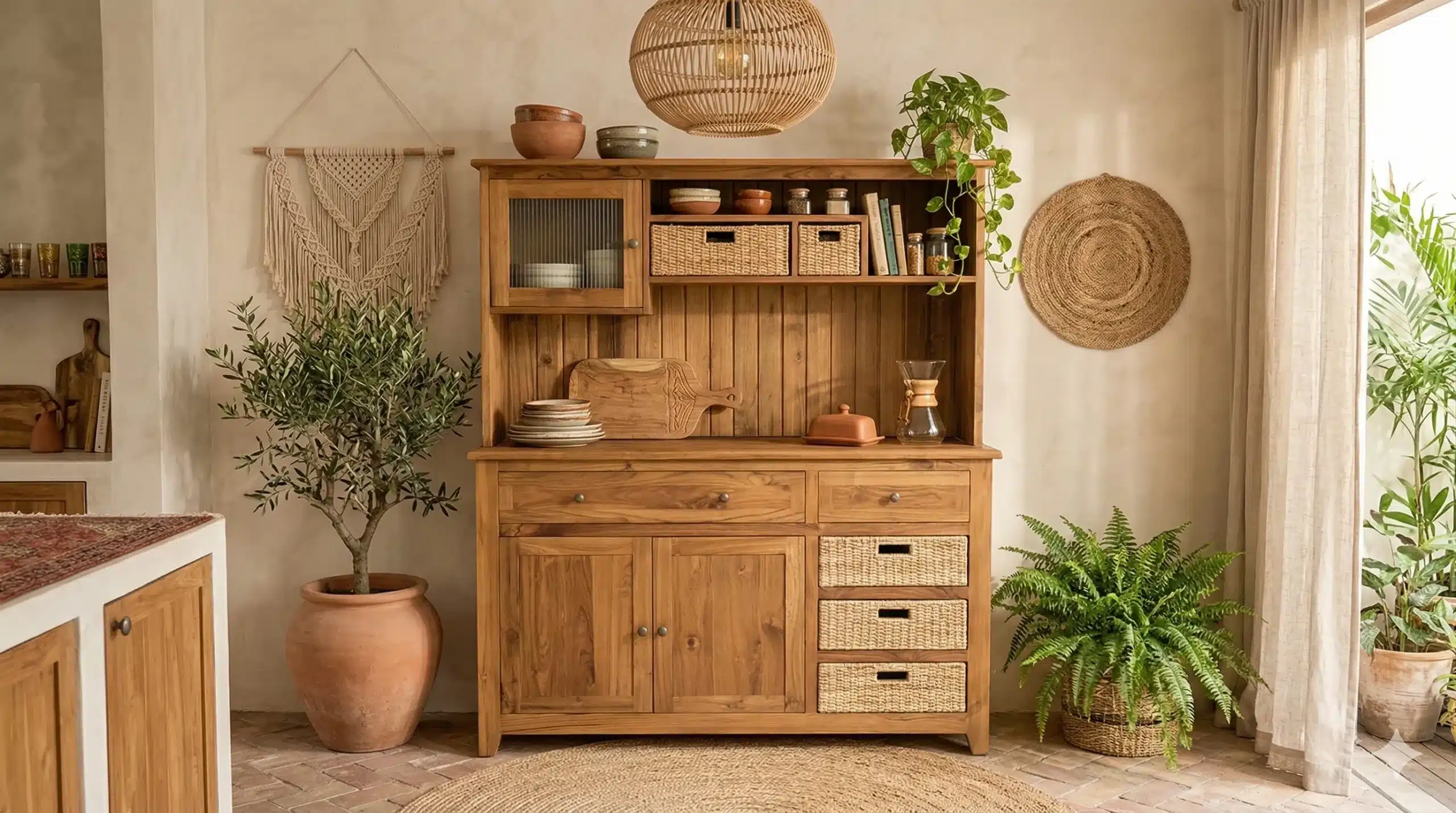 יחידת מטבח כפרית מעץ טיק מגירות בשילוב ראטן מידה 190*45*160 במחיר מבצע: 8,900 ש"ח